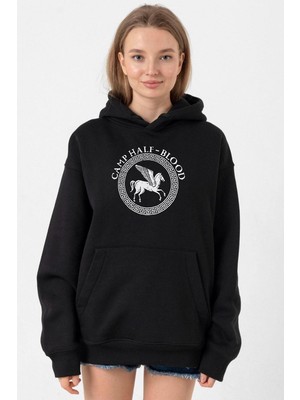 Tshirthane Percy Jackson Camp Half Blood Siyah Kadın 3ip Kapşonlu