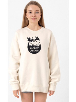 Tshirthane Merry Christmas Sleigh Ekru Kadın 2ip Sweatshirt
