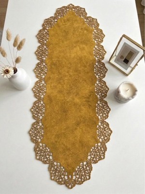 Ergüven Home Hardal Sarısı Süet Kumaş Runner Sehpa Boyu 40X100 Cm