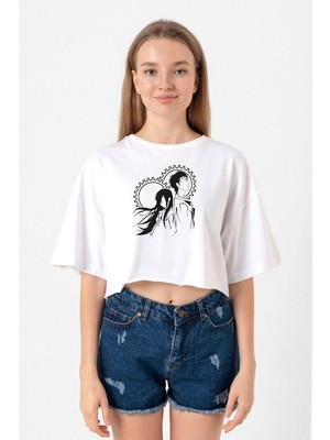 Steins Gate Okabe And Kurisu Beyaz Kadın Crop Tshirt