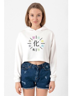 Tshirthane Monogatari Anime Apparitions Ekru Kadın Crop Kapşonlu