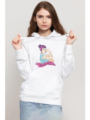 Tshirthane We Can Do It Beyaz Kadın 3ip Kapşonlu Sweatshirt