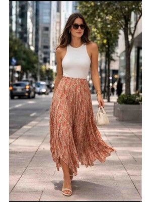 Trendol Fashion Life Şifon Kumaş desenli Kraşlı kadin etek