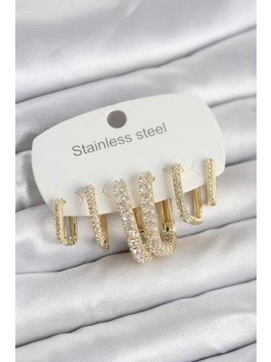 Renas Store 316L Çelik Gold Renk 6'lı Set Zirkon Taşlı Kadın Küpe - TJ-BKP11745