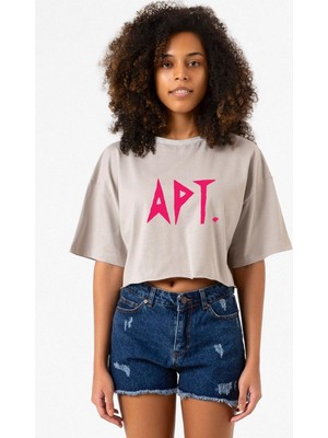 Blackpink Apt Taş Rengi Kadın Crop Kapşonlu