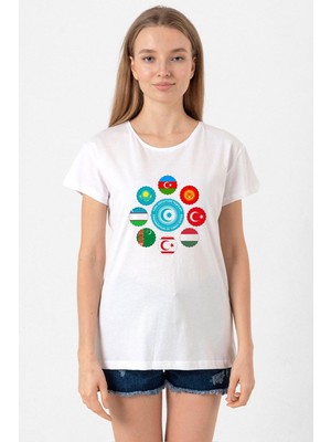 Türk Devletleri Teşkilat Beyaz Kadın Bisikletyaka Tshirt