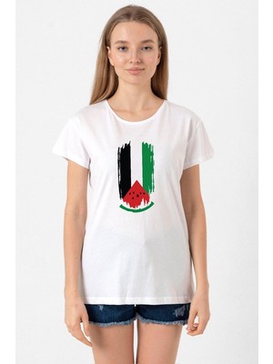 Watermelon Palestine Flag Beyaz Kadın Bisikletyaka Tshirt