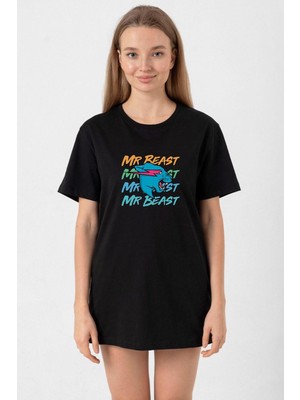 Mr Beast Lettern Siyah Kadın Oversize Tshirt