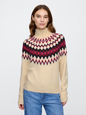 Gap Kadın Bej Fair Isle Desenli Balıkçı Yaka Kazak