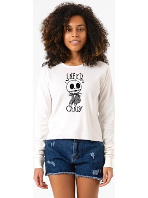 Tshirthane Jack Skellington I Need Candy Ekstra Uzunkol Sweatshirt Ekru