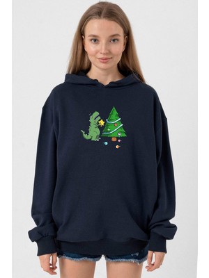 Tshirthane Dinosaur Christmas Tree Lacivert Kadın 3ip Kapşonlu