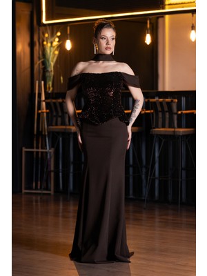 Abiyefon Üstü Pullu Kayık Yaka Peplum Uzun Abiye ABU6094