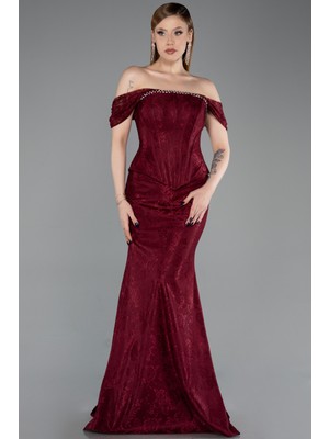 Abiyefon Kayık Yaka Peplum Kesim Uzun Dantel Abiye Elbise ABU5609