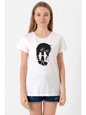 Erased Anime Black White Silhoette Beyaz Kadın Bisikletyaka Tshirt