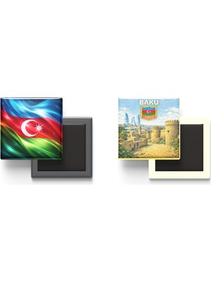 İberk Buzdolap Magnetleri - Azerbaycan Bayrağı ve Retro Tema - 2'li Set Magneti
