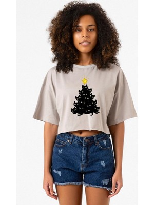 Meowy Christmas Taş Rengi Kadın Crop Kapşonlu