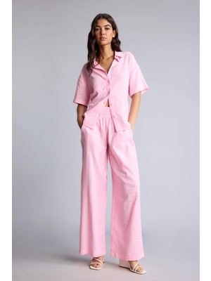 DeFacto Wide Leg Üç Cepli Yüksek Bel Keten Görünümlü Standart Boy Pembe Pantolon A9129AX26SM
