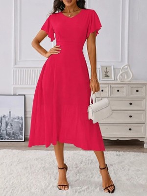 Lune Store Kadın Kısa Kollu V Yakalı Midi Astarlı Şifon Elbise