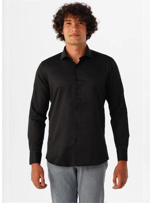 Süvari Siyah Erkek Slim Fit Armürlü Gömlek GM2024700562