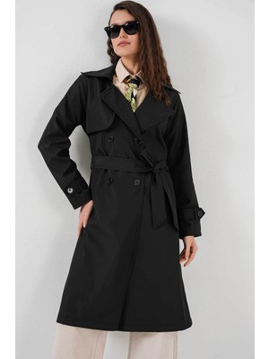 Bigdart  Kruvaze Yaka Siyah Kadın Trençkot 5918