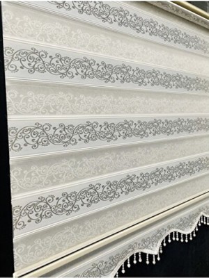 Empressco Beyaz Gümüş Sim Detaylı Sarmaşık Desenli Zebra Stor Perde