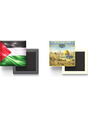 İberk Buzdolap Magnetleri - Filistin Bayrağı ve Retro Tema - 2'li Set Magneti