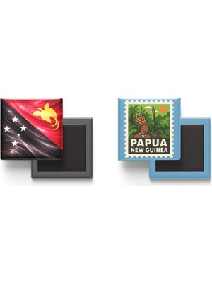 İberk Buzdolap Magnetleri - Papua Yeni Gine Bayrağı ve Posta Pulu Tema - 2'li Set Magneti
