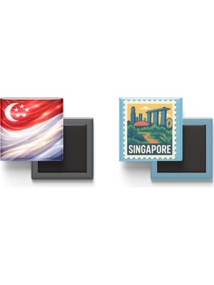 İberk Buzdolap Magnetleri - Singapur Bayrağı ve Posta Pulu Tema - 2'li Set Magneti
