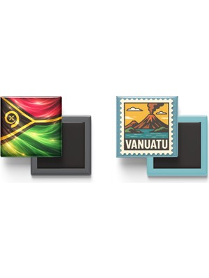 İberk Buzdolap Magnetleri - Vanuatu Bayrağı ve Posta Pulu Tema - 2'li Set Magneti