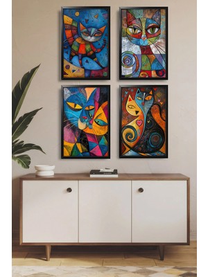 Dekorvia 4 Parça Mdf Tablo Siyah Ahşap Çerçeve Görünümlü Modern Renkli Kedi Sanatı