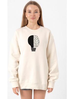 Tshirthane Lightbulb & Brain Ekru Kadın 2ip Sweatshirt