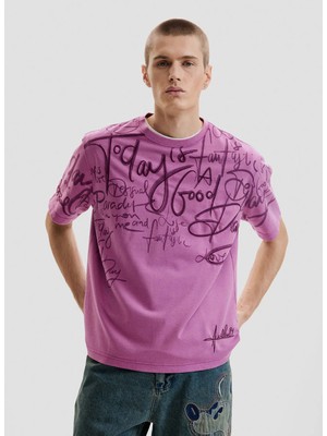 Desigual Mor Erkek Yazı Baskılı T-Shirt 26SMTK01 Ts_letterıng