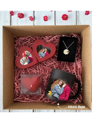 Bk Gift Kişiye Özel Kalp Puzzle Çerçeve & Sevgililer Günü Tasarımlı Kupa & Kalp Mum & Papatya Kolye Hediye Kutulu Set, Sevgiliye Hediye, Yıl Dönümü Hediyesi