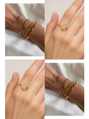 Sinerjim 2'Lİ Set - Dörtlü Kombin Bileklik, Altın Renk Oval Motif Zirkon Yüzük SNJ-SET1005