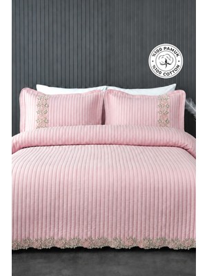 Evlen Home Collection Kapitone Mihrimah Dantelli 3 Parça Yatak Örtüsü Çift Kişilik Pudra