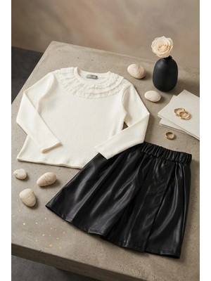 Kız Çocuk Takım Fitilli Bluz ve Deri Etekli