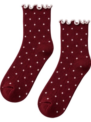 Carnaval Socks Kadın Bordo Puantiyeli Fırfırlı Yarım Konç Kısa Çorap
