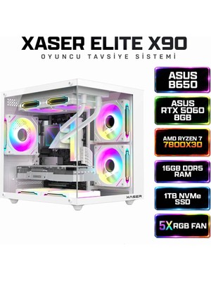 Xaser Elite X90 Ryzen 7 7800X3D 16GB Ddr5 Ram 1tb M.2 Nvme SSD 8gb RTX5060 Sıvı Soğutmalı Oyuncu Tavsiye Sistem