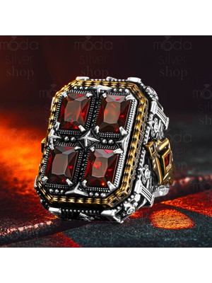 Modasilvers 925 Ayar Gümüş Büyük Kasa 4'lü Kırmızı Garnet Taşlı Erkek Yüzük