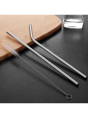 Nevamel® 31 cm Ekstra Uzun Paslanmaz Çelik Pipet Seti – 3 Parça (Eğri + Düz + Fırça)