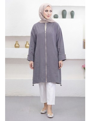 Suede Style 6346 - Rahat Fermuarlı Cepli Kol Düğme Detaylı Uzun Tunik Kap