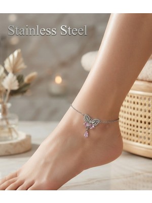 Stainless Steel Gümüş Renk Zincirli Kanat Motifli Çelik Halhal