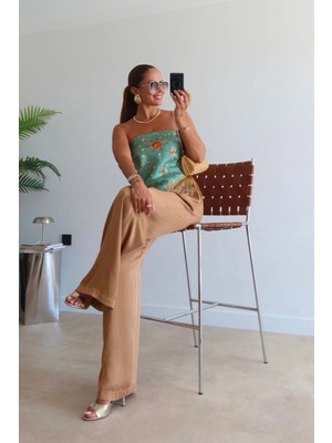 Purple By Banu Camel Beli Lastikli Saten Pantolon