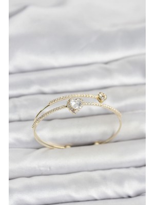 Erdo Ticaret Pirinç Gold Renk Kalp Model Zirkon Taşlı Kadın Bileklik