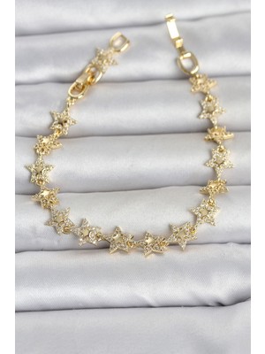Erdo Ticaret Sıralı Yıldız Model Zirkon Taşlı Gold Renk Pirinç Kadın Bileklik