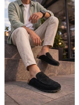 Ebrus Trend JET0456 Rayn Bağcıksız Hakiki Süet Erkek Günlük Mantar Taban Loafer Klasik Ayakkabı HDMT - Siyah
