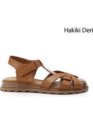 Gönderi(r) Kadın Taba Antik  Cırt Bantlı Burnu Kapalı Hakiki Deri Sandalet