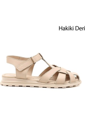 Gönderi(r) Kadın Antik Bej  Cırt Bantlı Burnu Kapalı Hakiki Deri Sandalet