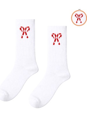 Carnaval Socks Şeker Kamışı  Nakışlı Desenli Beyaz Çorap