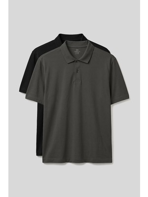 Polo Yaka Büyük Beden 2li Paket Siyah-Haki Erkek T-Shirt - 88511